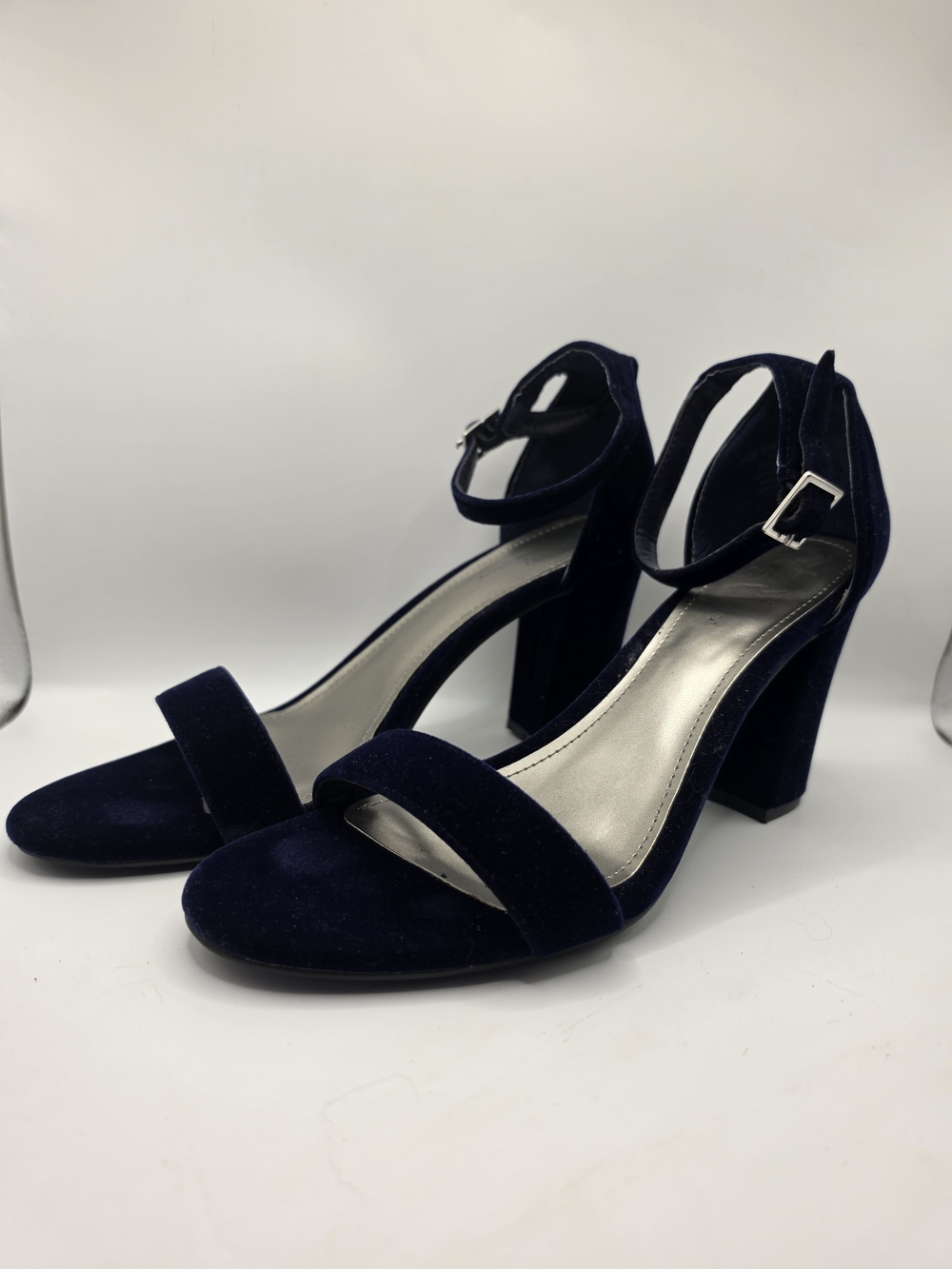 Worthington Beckwith Navy Blue Velvet Ankle Strap Open Toe Block Heels Sandals